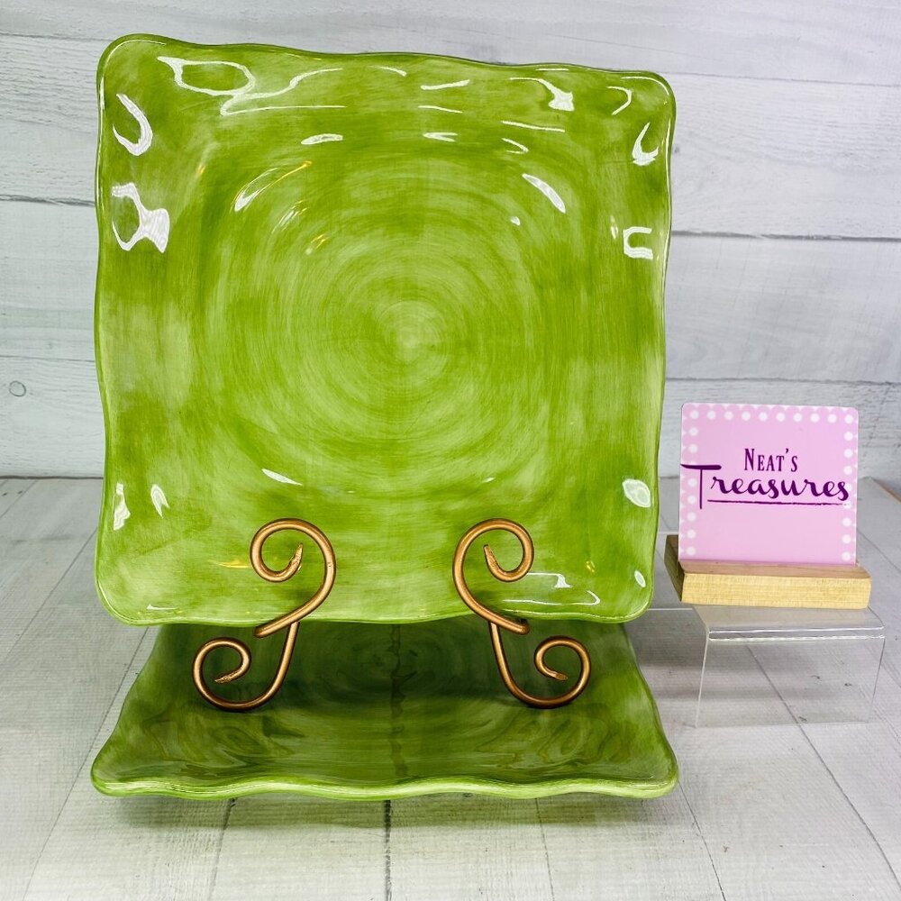 Tabletops CAMPAGNOLO SPEARMINT  Green Hand Painted Ceramic Dinner Plates Set 2